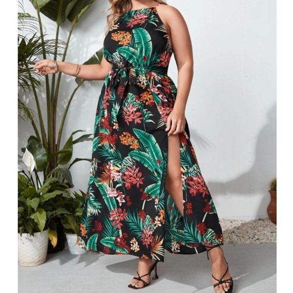 Boho plus size tropical leaves print split thigh belted maxi dress - Picture 4 of 7